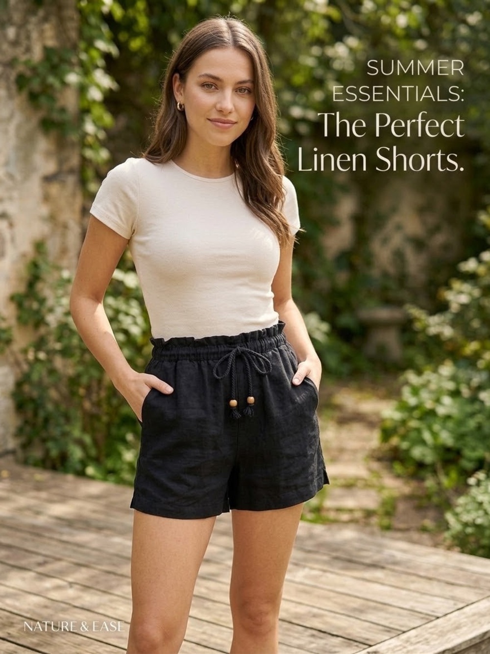 Women’s Black Linen-Rayon High Waist Paperbag Shorts